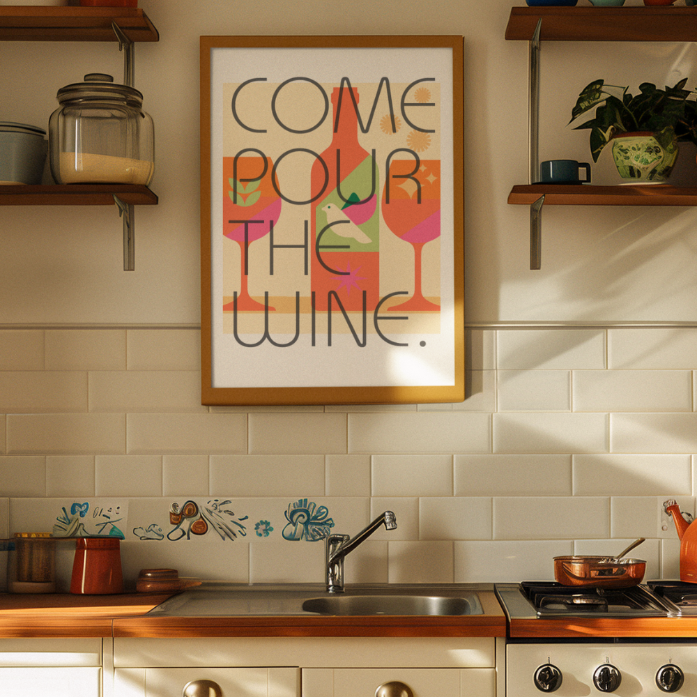 Retro Kitchen with a decorative natural wine poster and wooden shelves.