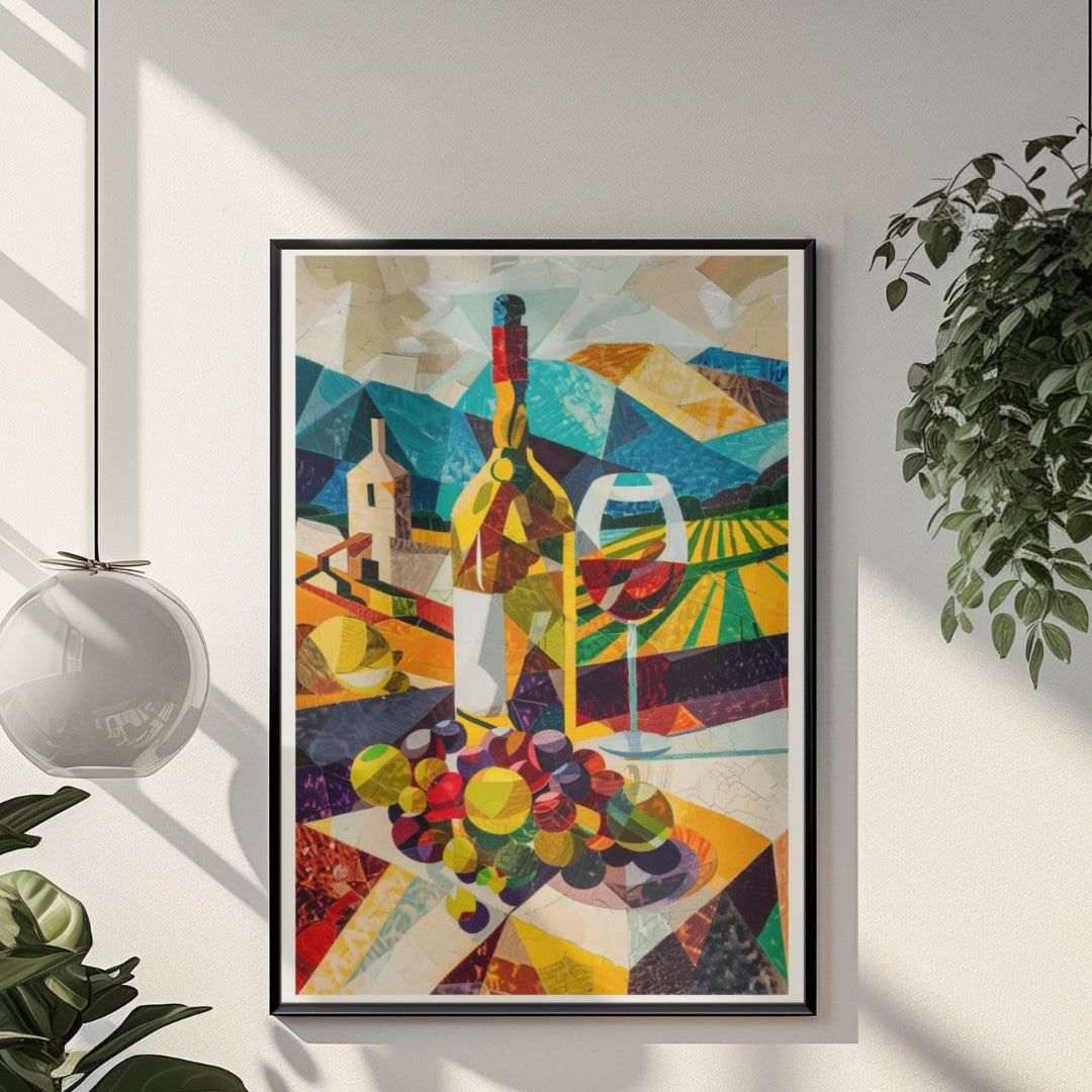 Colorful abstract vineyard painting on a wall with a wooden chair and plants in a room.