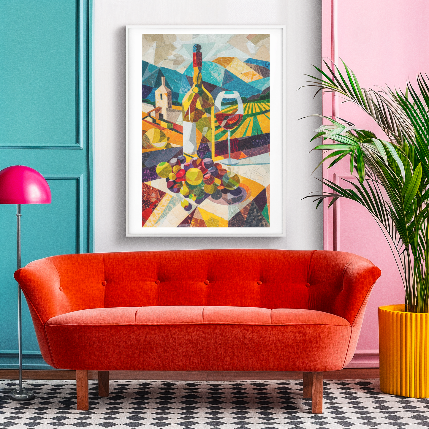 Framed colourful vineyard wine poster above a red sofa in a modern living room with pink and teal walls — bold abstract wall art adding warmth and Mediterranean flair.