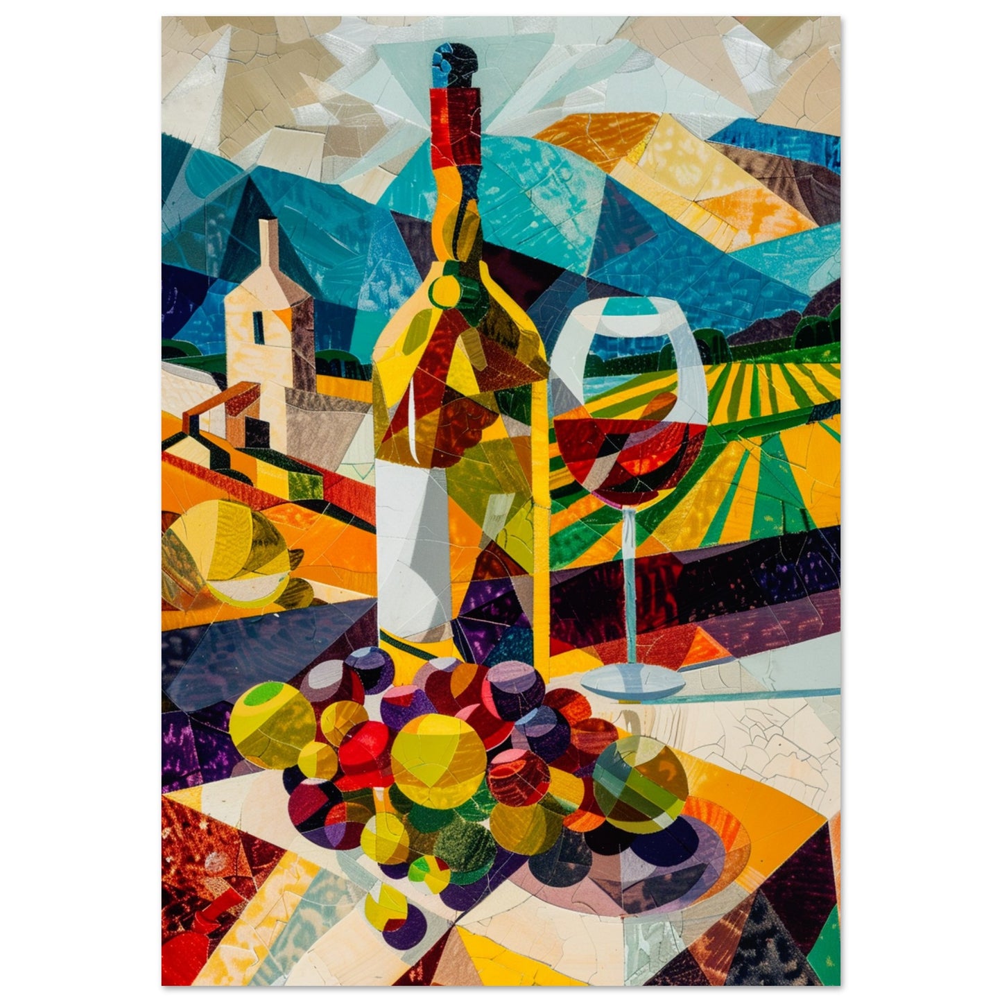 Vibrant geometric wine bottle and glass poster with grapes and countryside view – modern kitchen, dining room, or bar wall art for wine lovers.