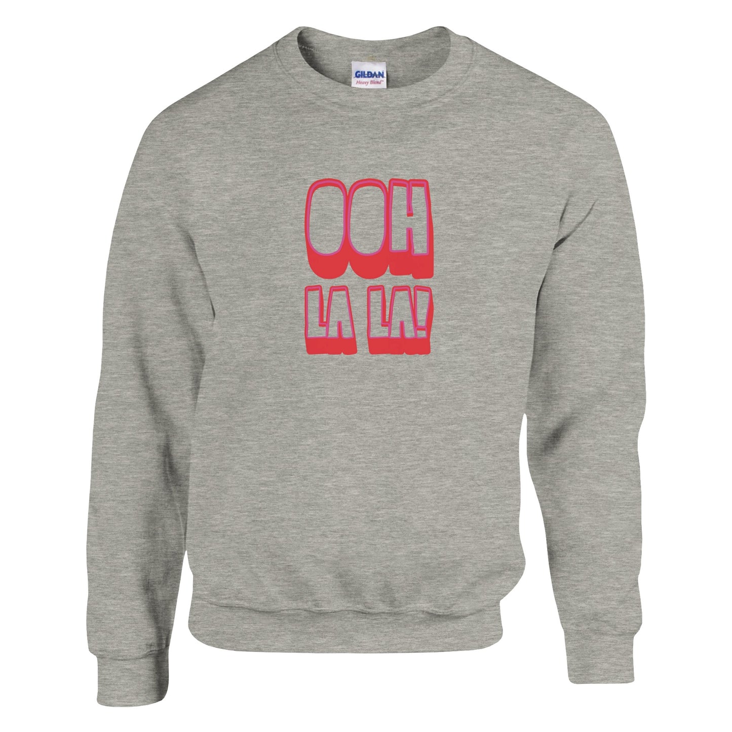 Grey Ooh La La sweatshirt by Taste Union, unisex crewneck jumper with bold pink retro text on front, flat lay product image on white backgroun