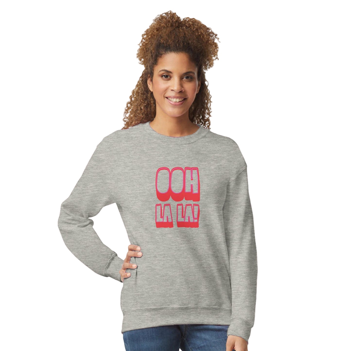 Woman wearing grey Ooh La La sweatshirt by Taste Union, unisex crewneck jumper with bold pink retro text, front view studio image on white background