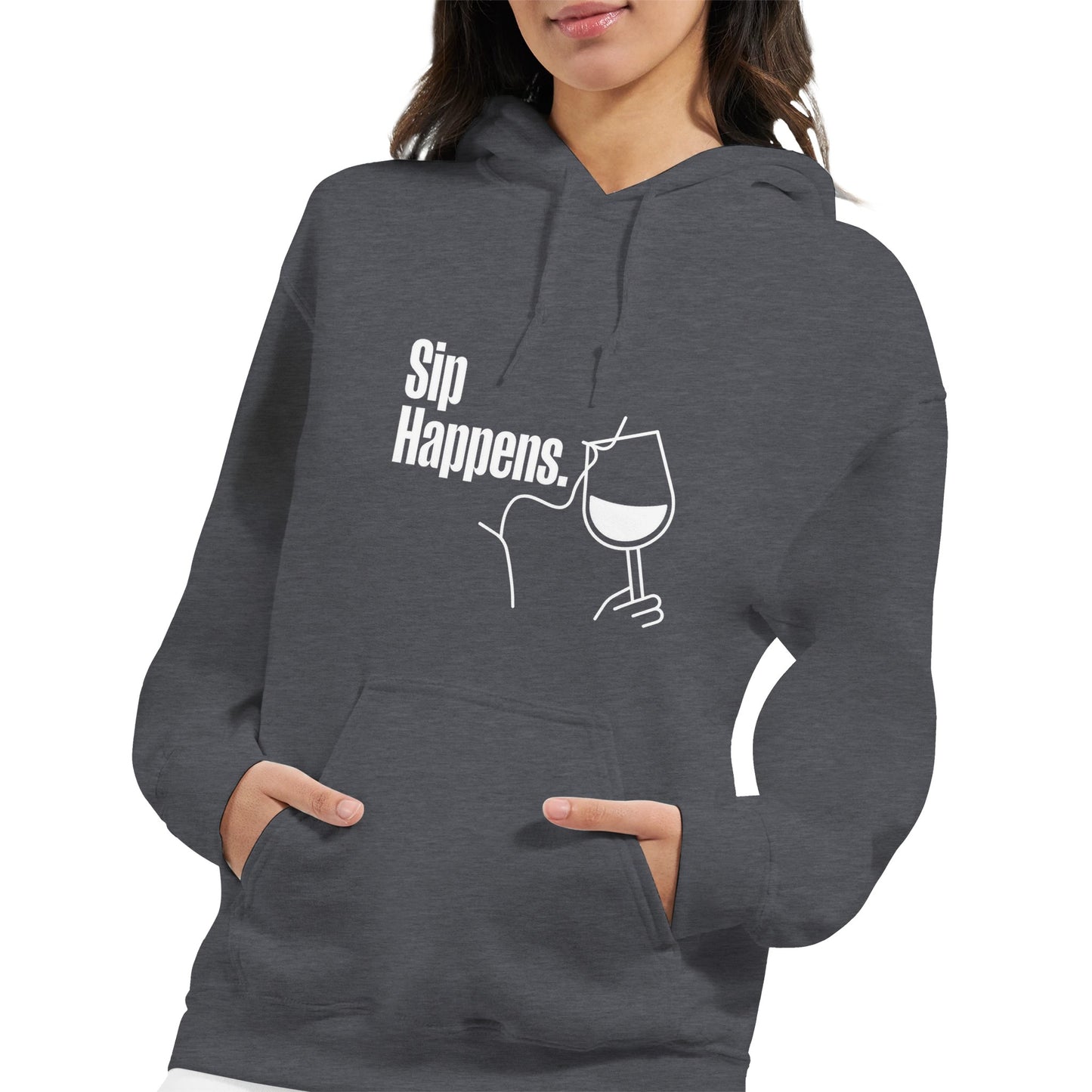 Dark gray hoodie with 'Sip Happens' text and wine glass graphic on a white background