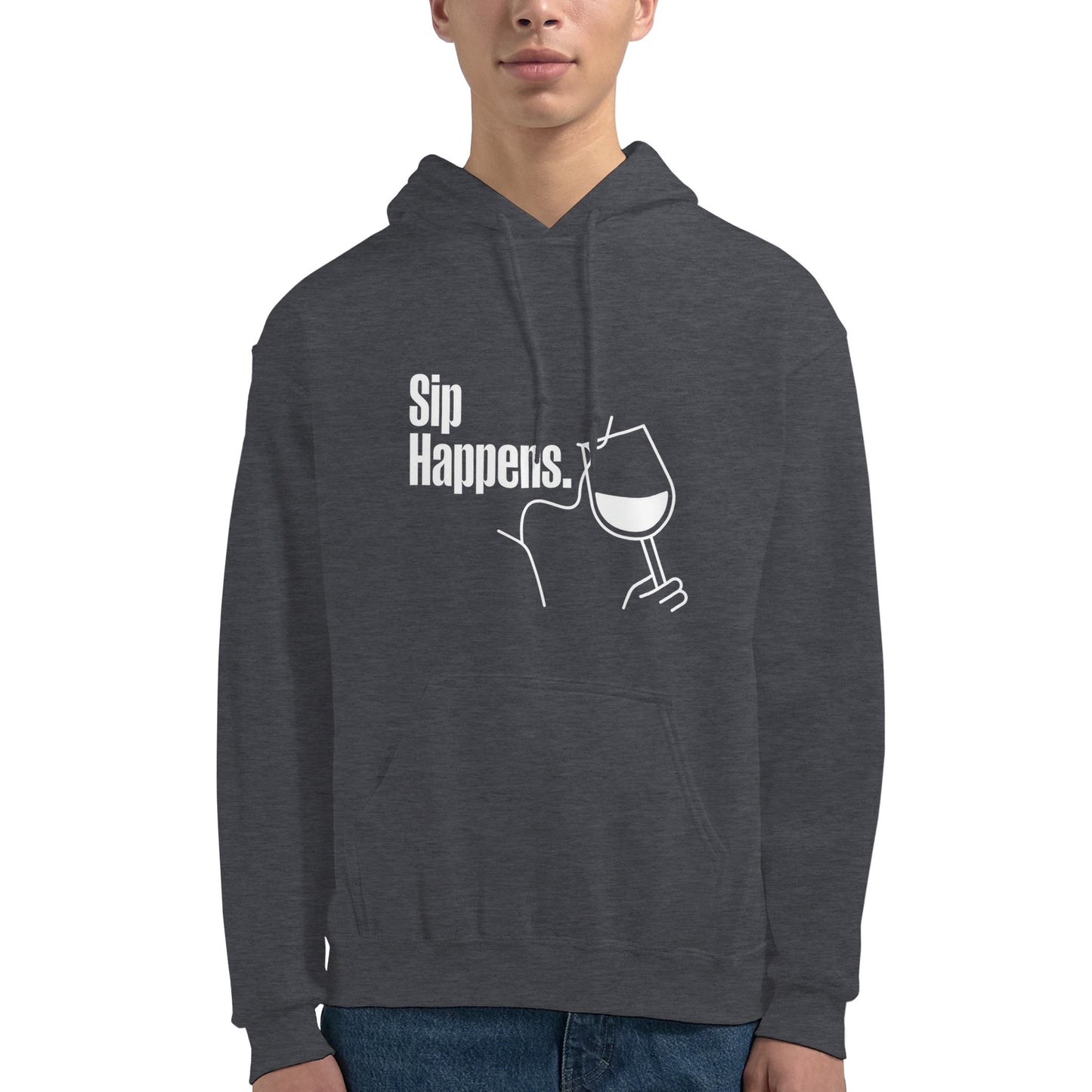 Person wearing a dark gray hoodie with 'Sip Happens' text and wine glass graphic on a white background