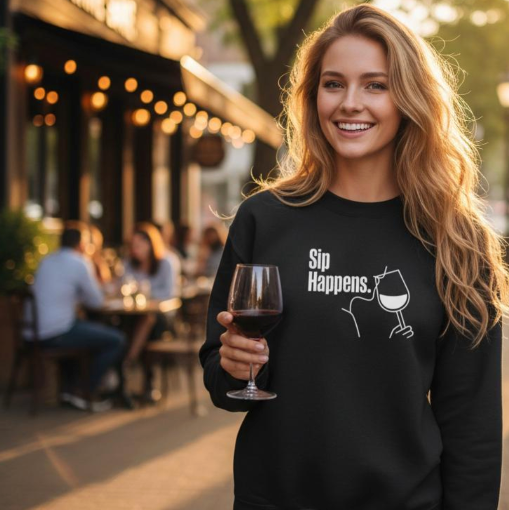Woman holding a glass of wine and wearing a black sweatshirt with text, standing on a street.