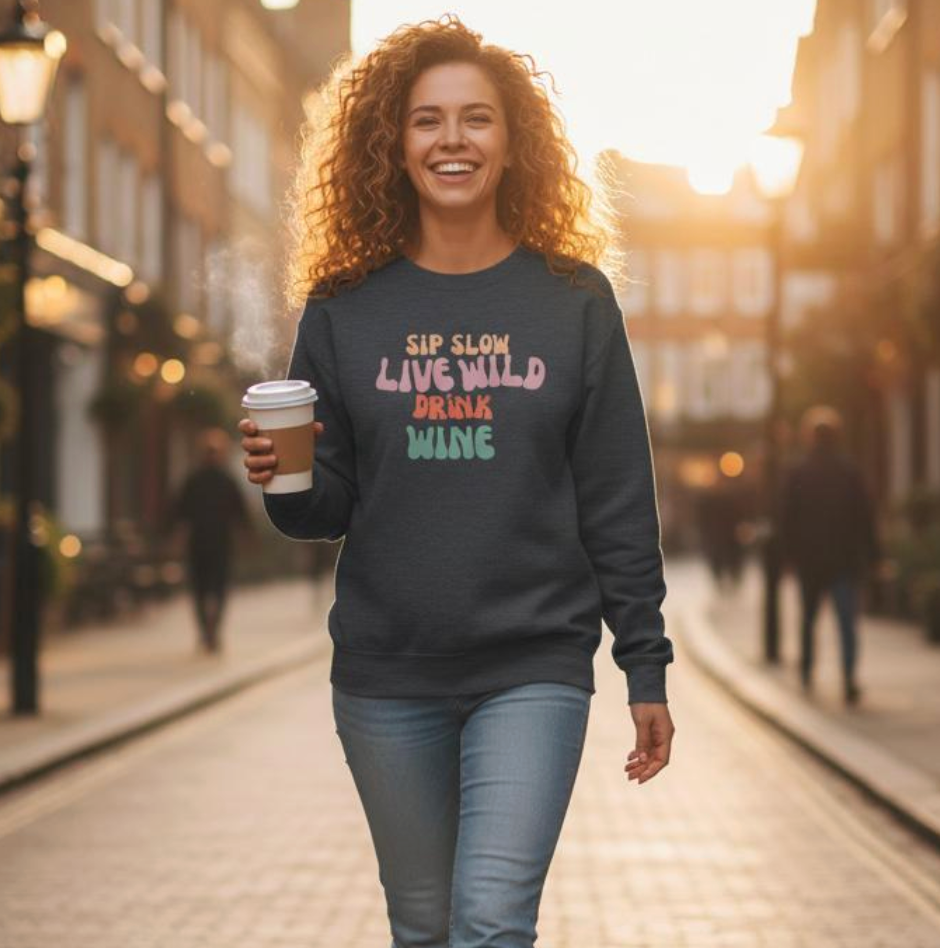 Woman walking outdoors wearing a dark grey “Sip Slow, Live Wild, Drink Wine” sweatshirt by Taste Union — cosy unisex sustainable wine lover gift.