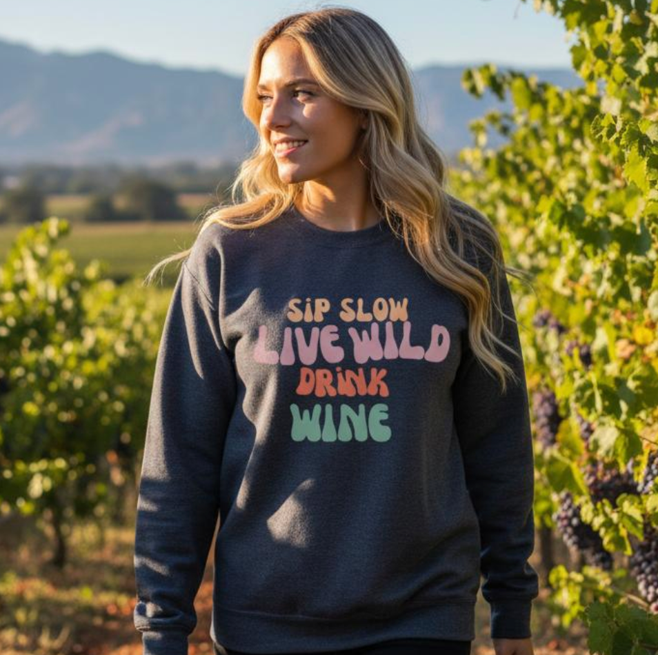 Woman smiling and walking with coffee wearing a “Sip Slow, Live Wild, Drink Wine” dark grey unisex sweatshirt by Taste Union — sustainable wine lover gift.