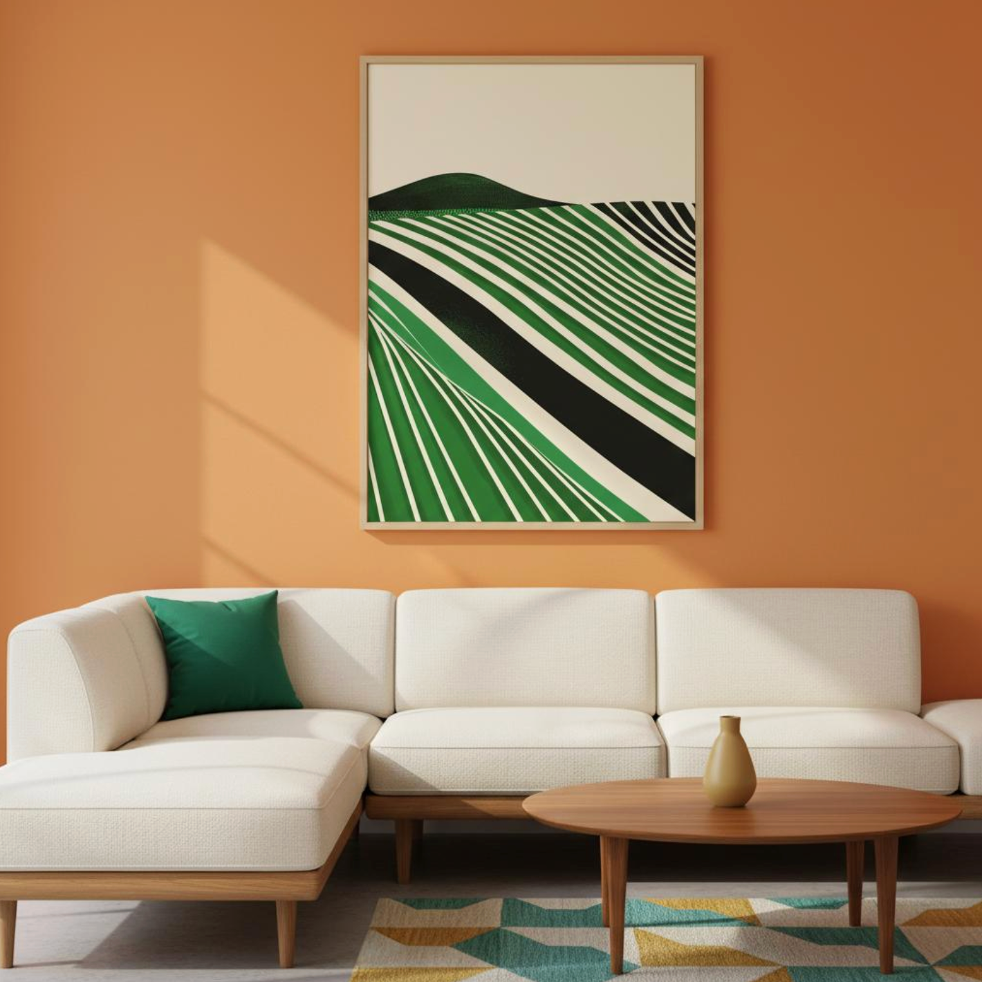 Modern living room with warm terracotta walls featuring Taste Union’s green vineyard abstract art print — bold flowing lines inspired by rolling wine country hills, adding a contemporary touch to the space.