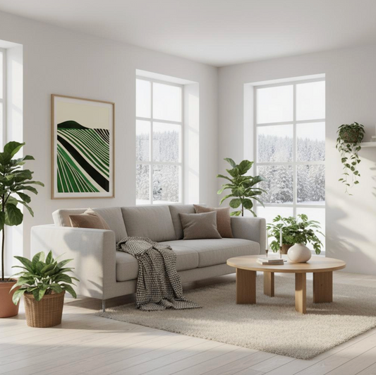 Bright minimalist living room with large windows and indoor plants featuring Taste Union’s green vineyard art print — bold flowing lines of the vineyard landscape bringing a touch of nature and calm to the modern space.