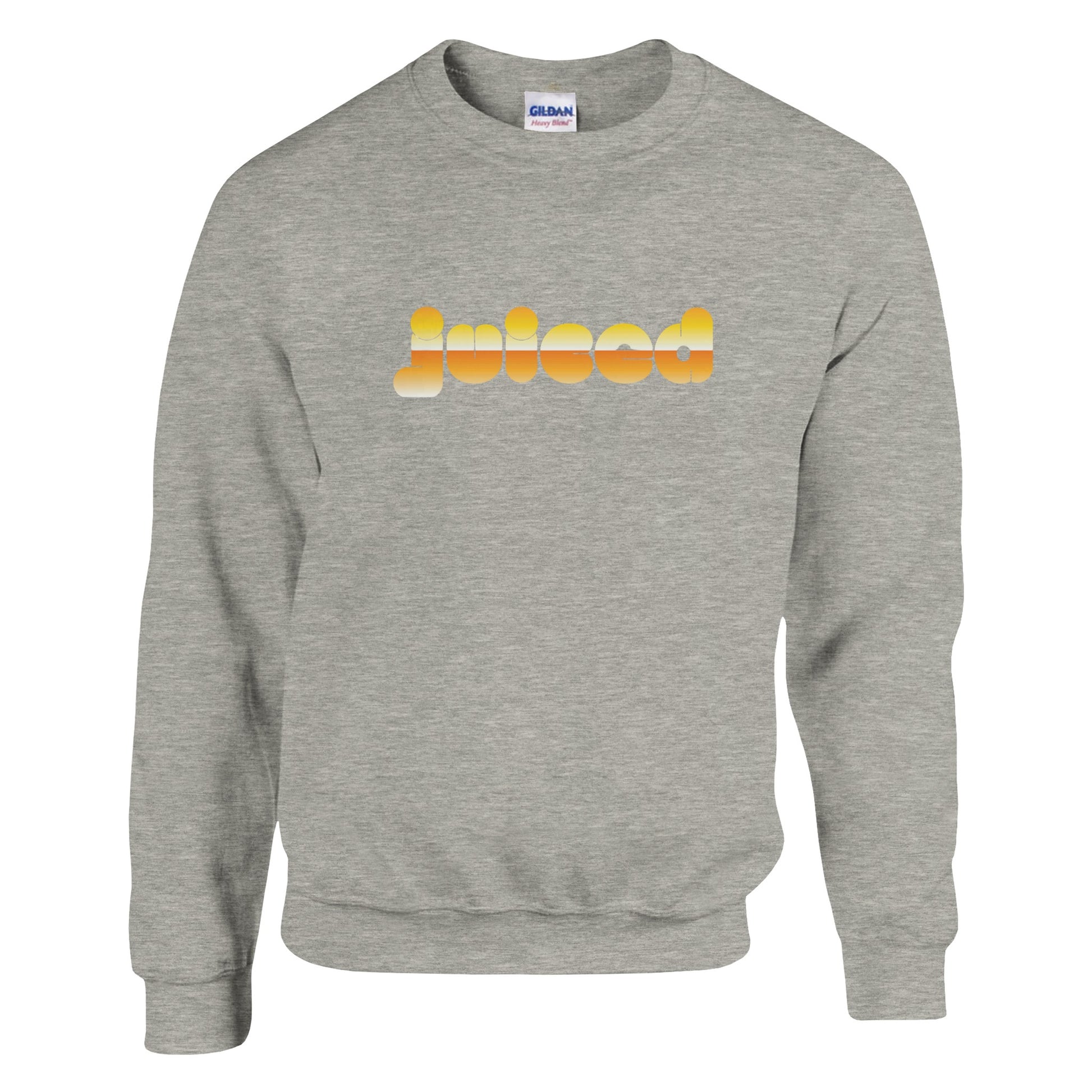 Juiced sweatshirt by Taste Union — unisex grey crewneck featuring bold yellow text design inspired by natural wine culture, photographed on white background.