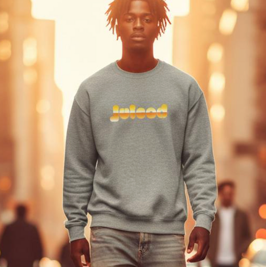 Model wearing the Juiced sweatshirt by Taste Union — unisex grey crewneck inspired by natural wine culture, styled in warm urban streetwear setting with sunset lighting.