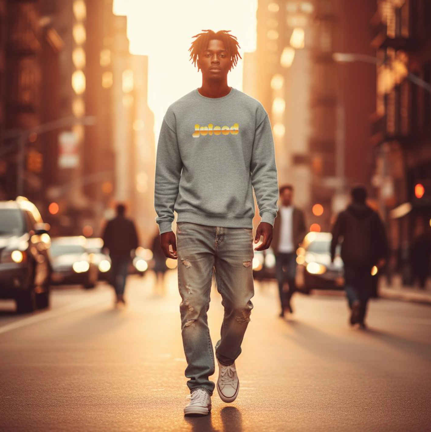 Unisex Juiced sweatshirt by Taste Union — sustainable grey sweater inspired by natural wine culture, shown in an urban streetwear setting with warm sunset tones.