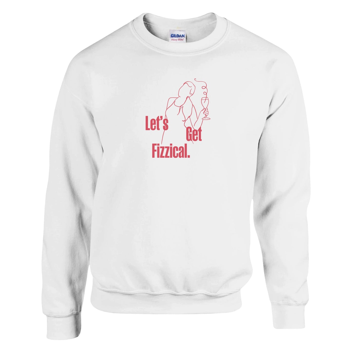 White oversized sweatshirt with 'Let's Get Fizzical' design in pink text, featuring a minimalist wine glass and woman illustration. Perfect for wine lovers.