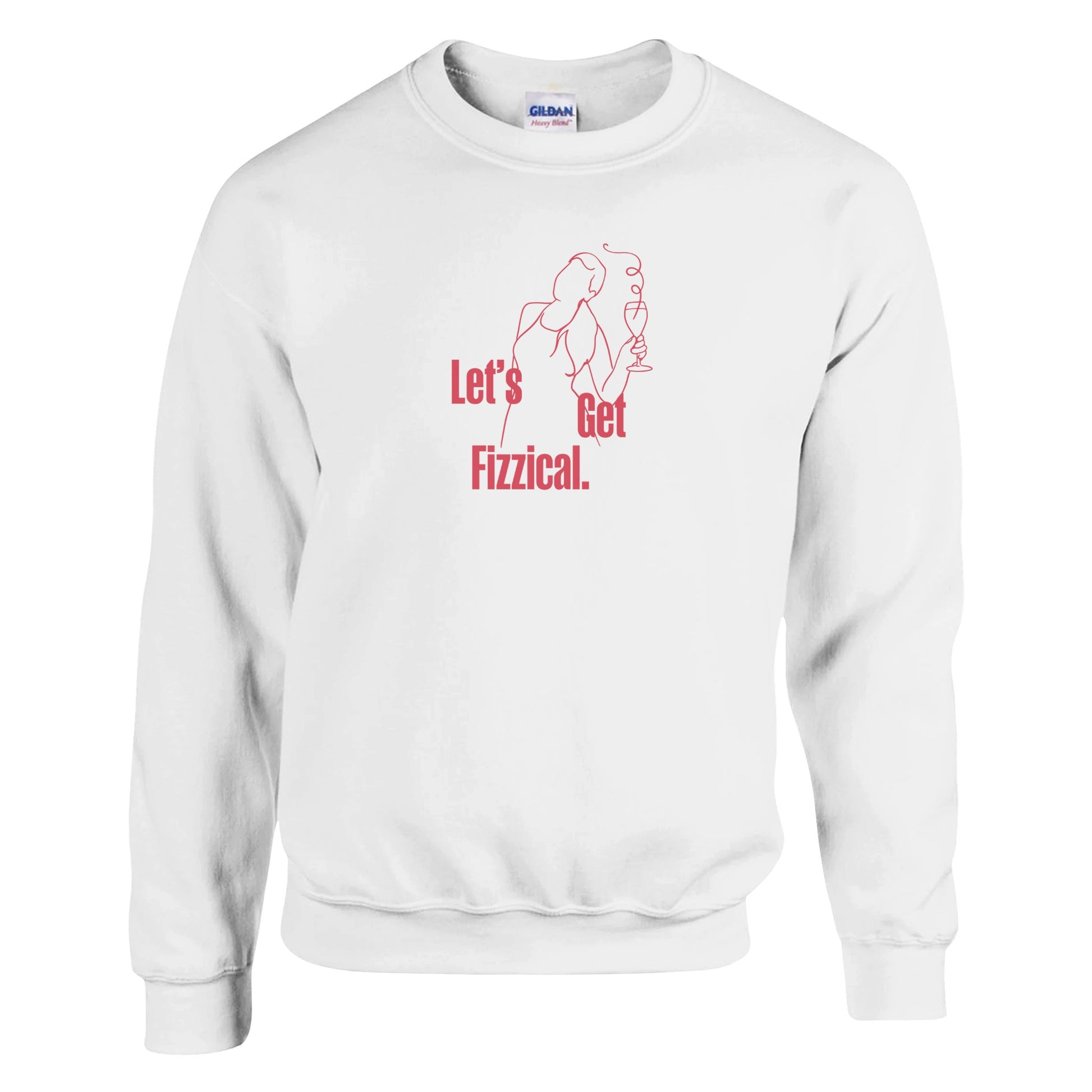 White oversized sweatshirt with 'Let's Get Fizzical' design in pink text, featuring a minimalist wine glass and woman illustration. Perfect for wine lovers.