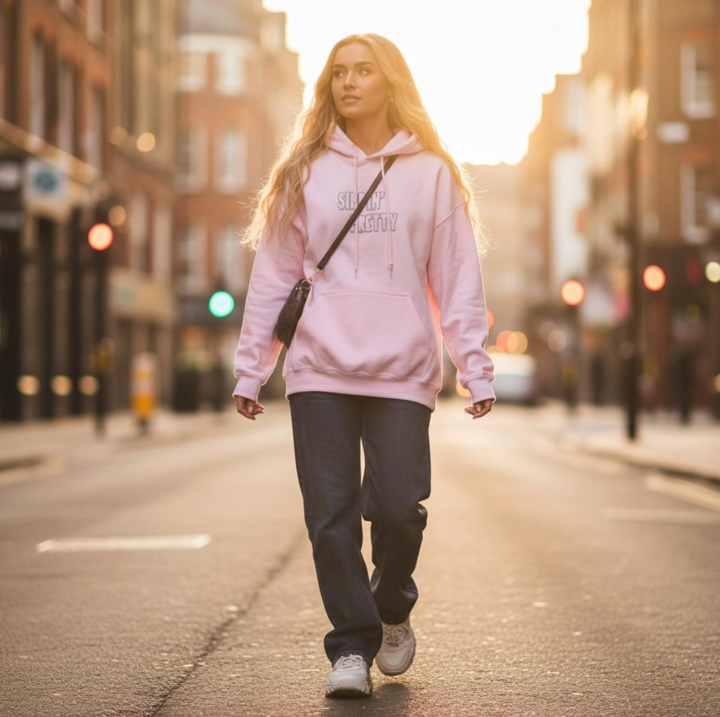 Woman wearing a pink hoodie walking down a sunlit street — relaxed, casual style with a natural, everyday charm.