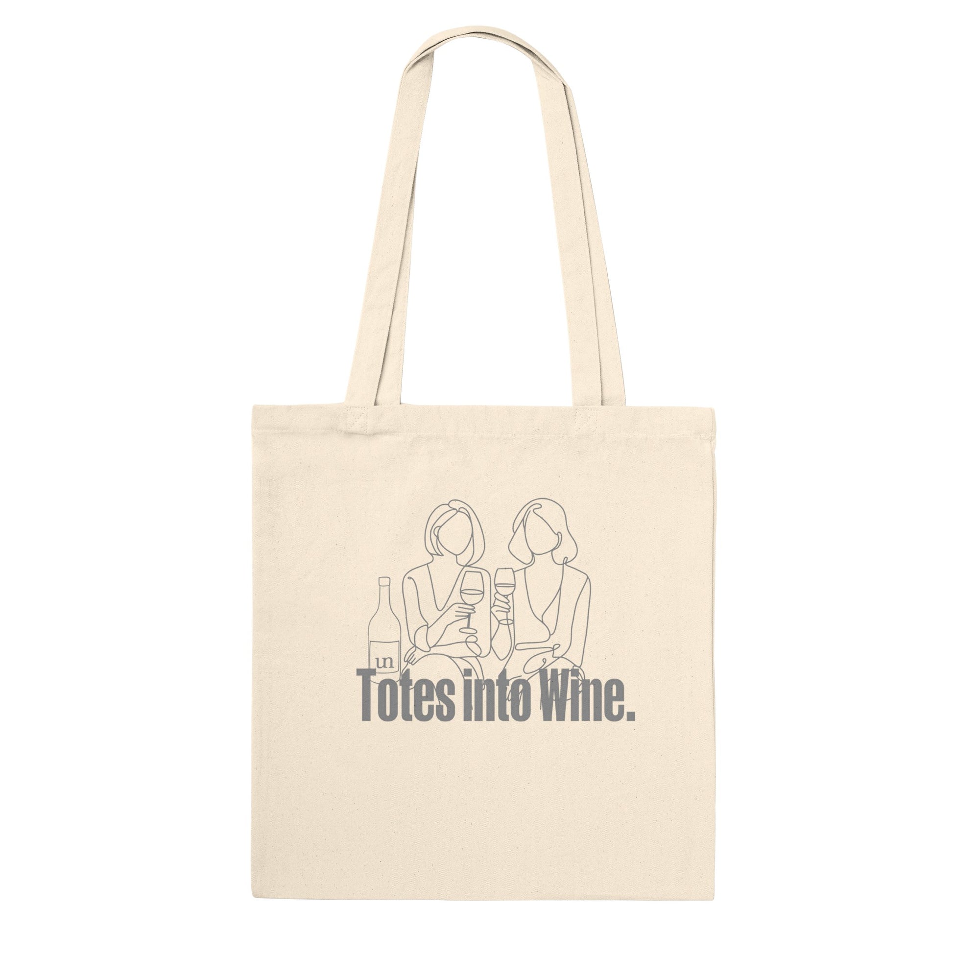 Natural canvas tote bag with 'Totes Into Wine' text and minimalist illustration of two women enjoying wine. Eco-friendly and perfect for wine lovers.