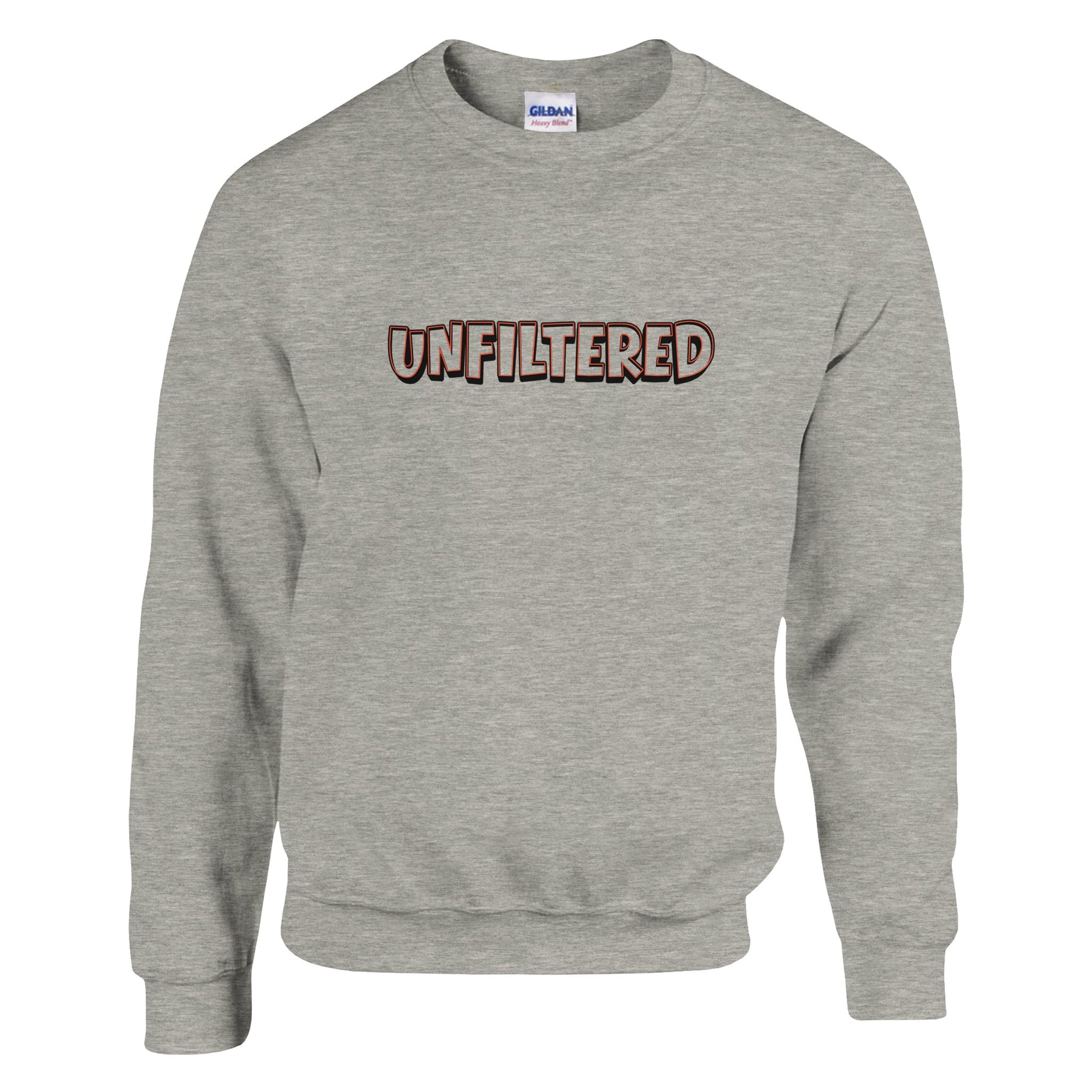 Unfiltered sweatshirt by Taste Union — unisex grey crewneck featuring bold brown text design inspired by natural wine and authenticity, photographed on white background.