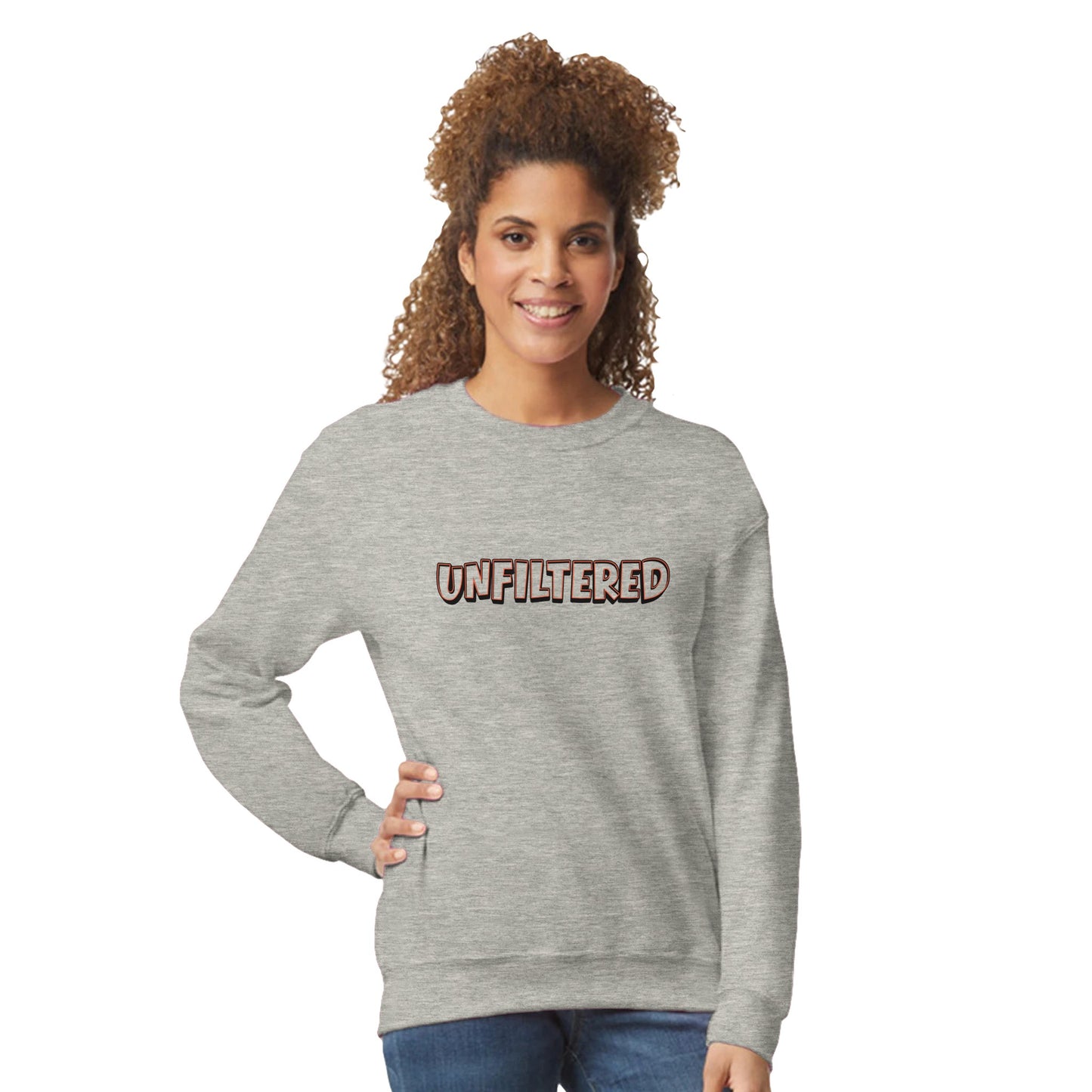 Model wearing Unfiltered sweatshirt by Taste Union — unisex grey crewneck with brown text design inspired by natural wine culture, photographed on white background for a clean lifestyle look.