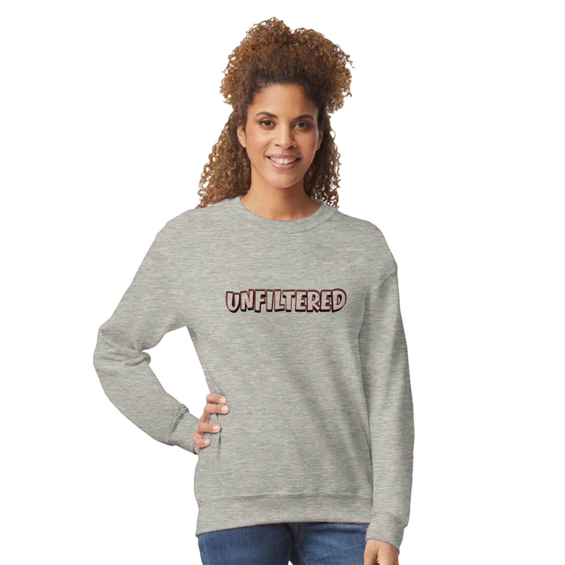 Model wearing Unfiltered sweatshirt by Taste Union — unisex grey crewneck with brown text design inspired by natural wine culture, photographed on white background for a clean lifestyle look.