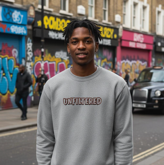 Model wearing Unfiltered sweatshirt by Taste Union — unisex grey crewneck with brown text inspired by natural wine culture, photographed in a colourful London street scene with graffiti backdrop.
