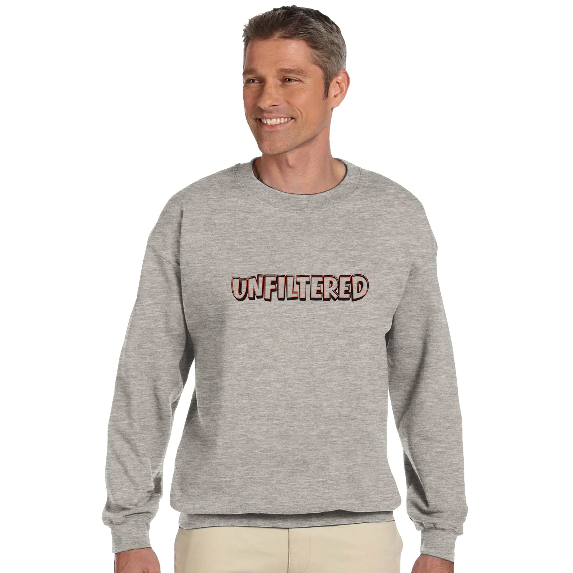 Model wearing Unfiltered sweatshirt by Taste Union — unisex grey crewneck with brown text design inspired by natural wine and slow living, photographed on white background.
