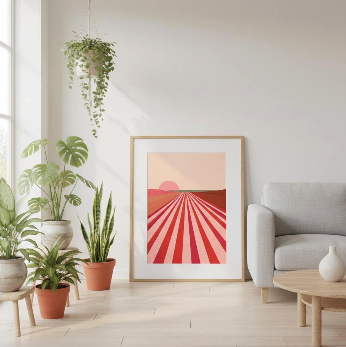 Framed Taste Union pink vineyard art print leaning against a bright white wall surrounded by greenery — soft sunlight and terracotta pots create a peaceful, natural vignette.