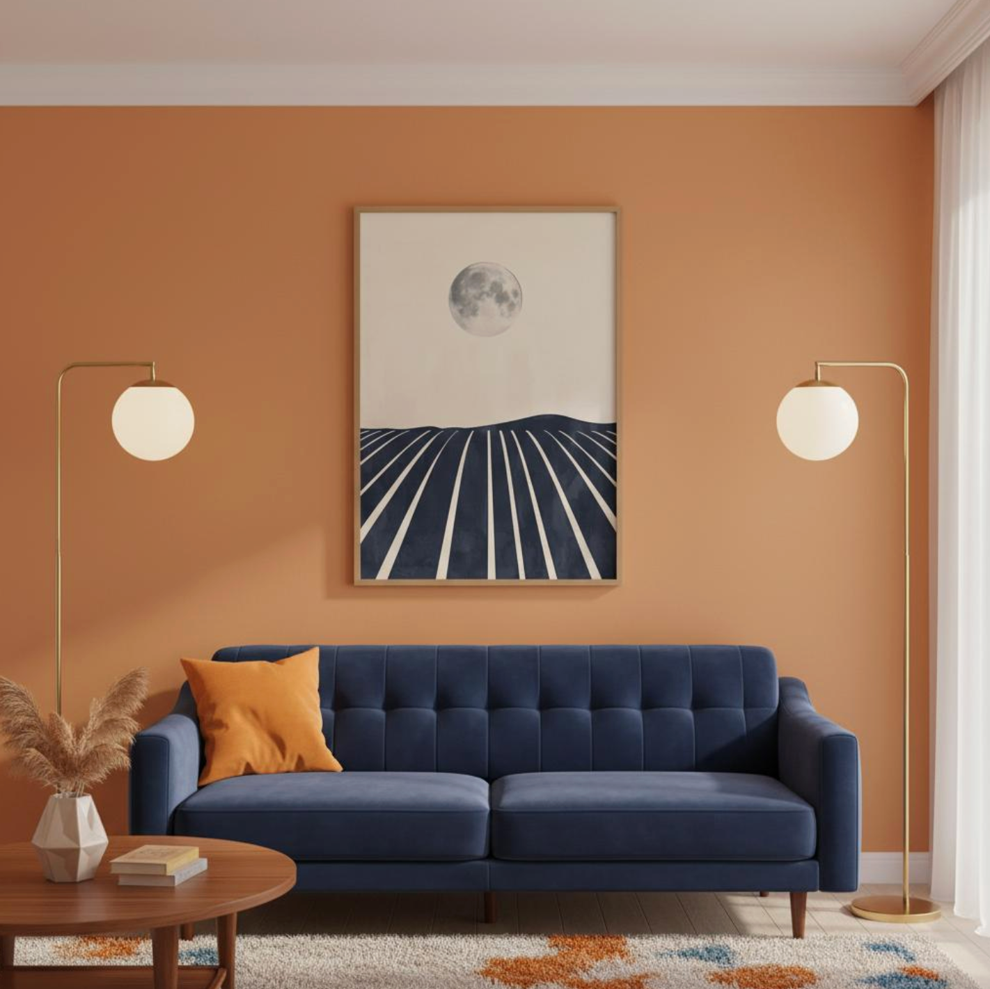 Taste Union vineyard moonlight print framed above a deep blue sofa — earthy terracotta walls and soft lighting bring warmth and balance to this contemporary living space.