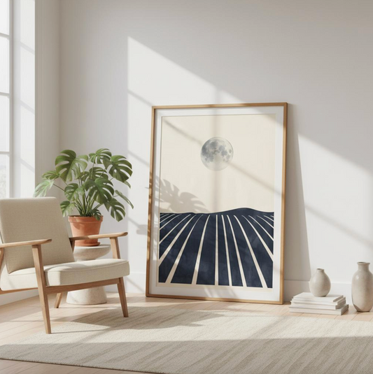 Framed Taste Union navy vineyard art print under a full moon — resting on the floor in a light-filled living room with neutral decor and soft morning light.
