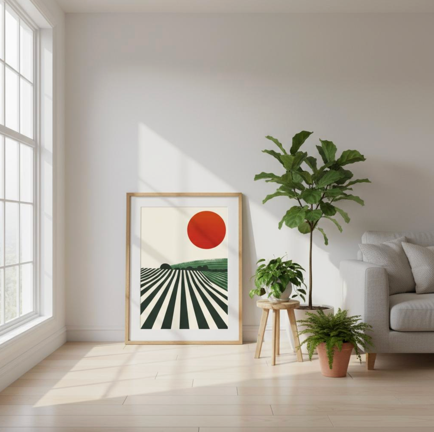 Framed vineyard sunset print with red sun and green landscape leaning against a white wall, surrounded by lush indoor plants — minimalist and serene modern home styling by Taste Union.