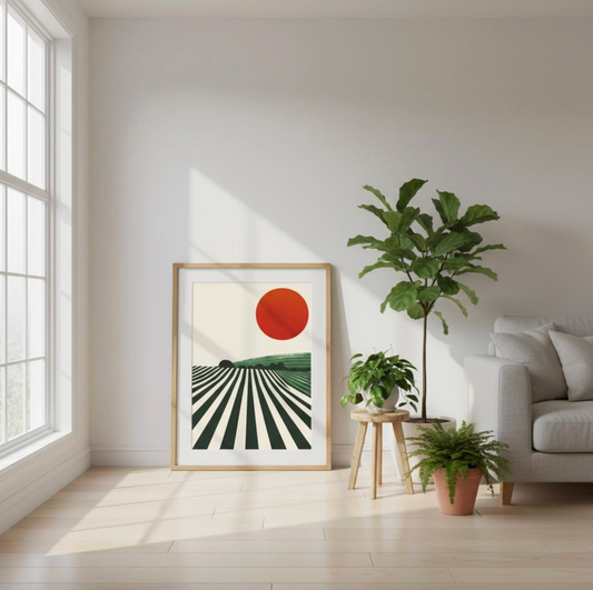 Framed vineyard sunset print with red sun and green landscape leaning against a white wall, surrounded by lush indoor plants — minimalist and serene modern home styling by Taste Union.