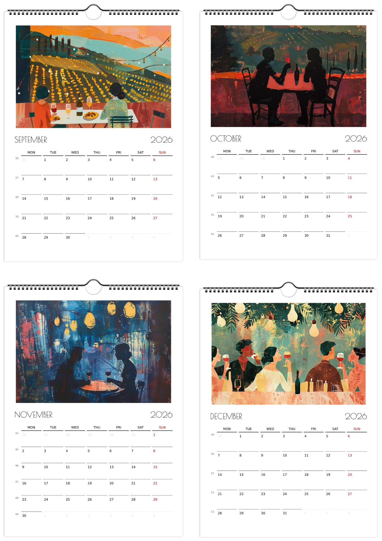 Preview of the Taste Union Wine Lovers’ Calendar 2026 showing September to December illustrations, including vineyard harvest celebrations, autumn sunset dinners, rainy café wine dates, and festive Christmas toasts. A celebration of natural wine, art, and sustainable living.