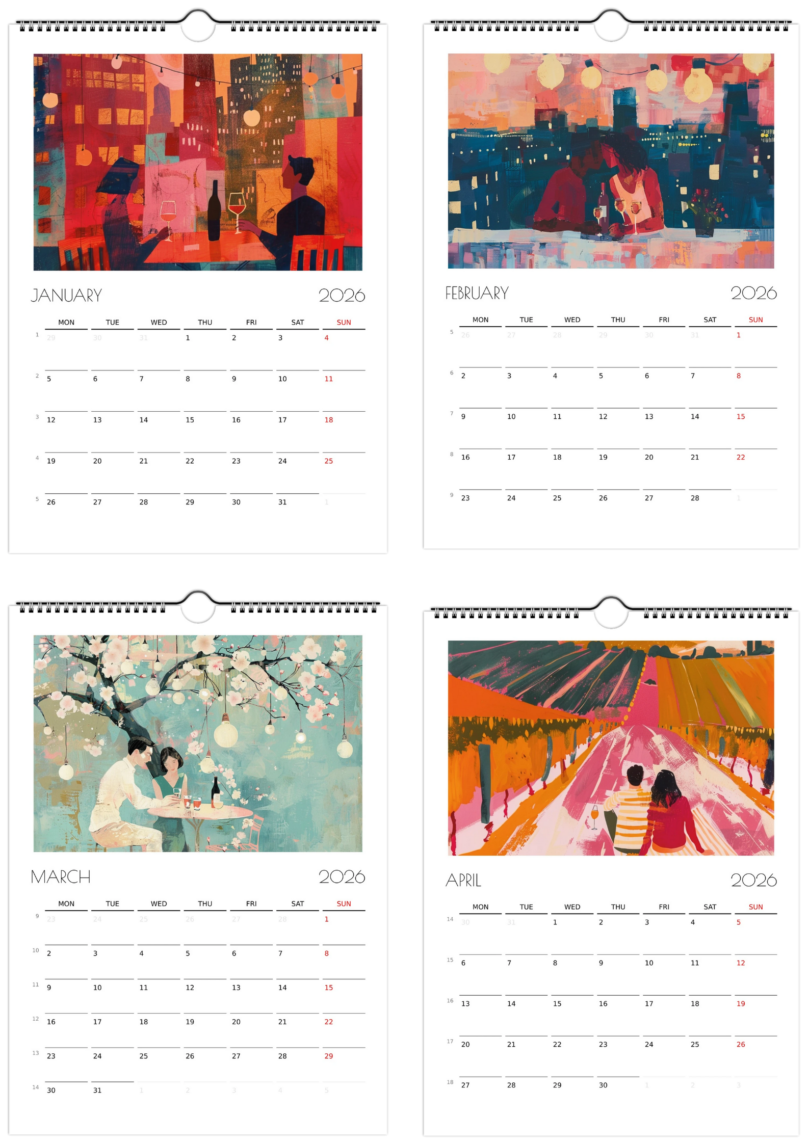 Preview of the Taste Union Wine Lovers’ Calendar 2026 showing illustrated monthly pages, including city wine dates, vineyard picnics, and romantic seasonal scenes celebrating natural wine, art, and slow living.