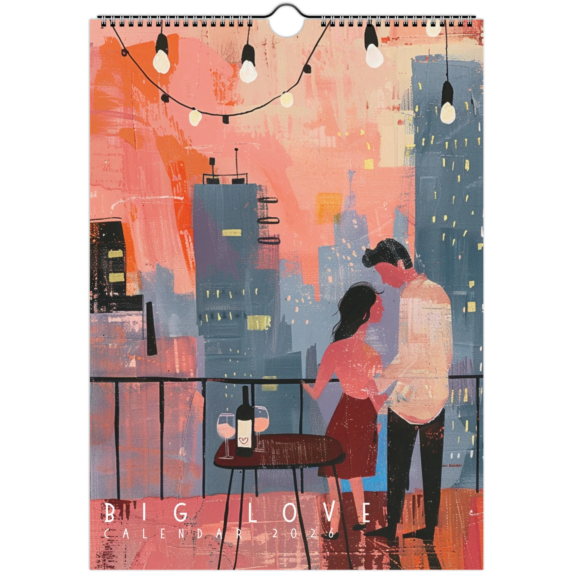 Mid-century style illustration of a couple sharing wine on a rooftop terrace at sunset, surrounded by string lights and a city skyline. Part of the Taste Union Wine Lovers’ Calendar 2026 celebrating natural wine and romance.