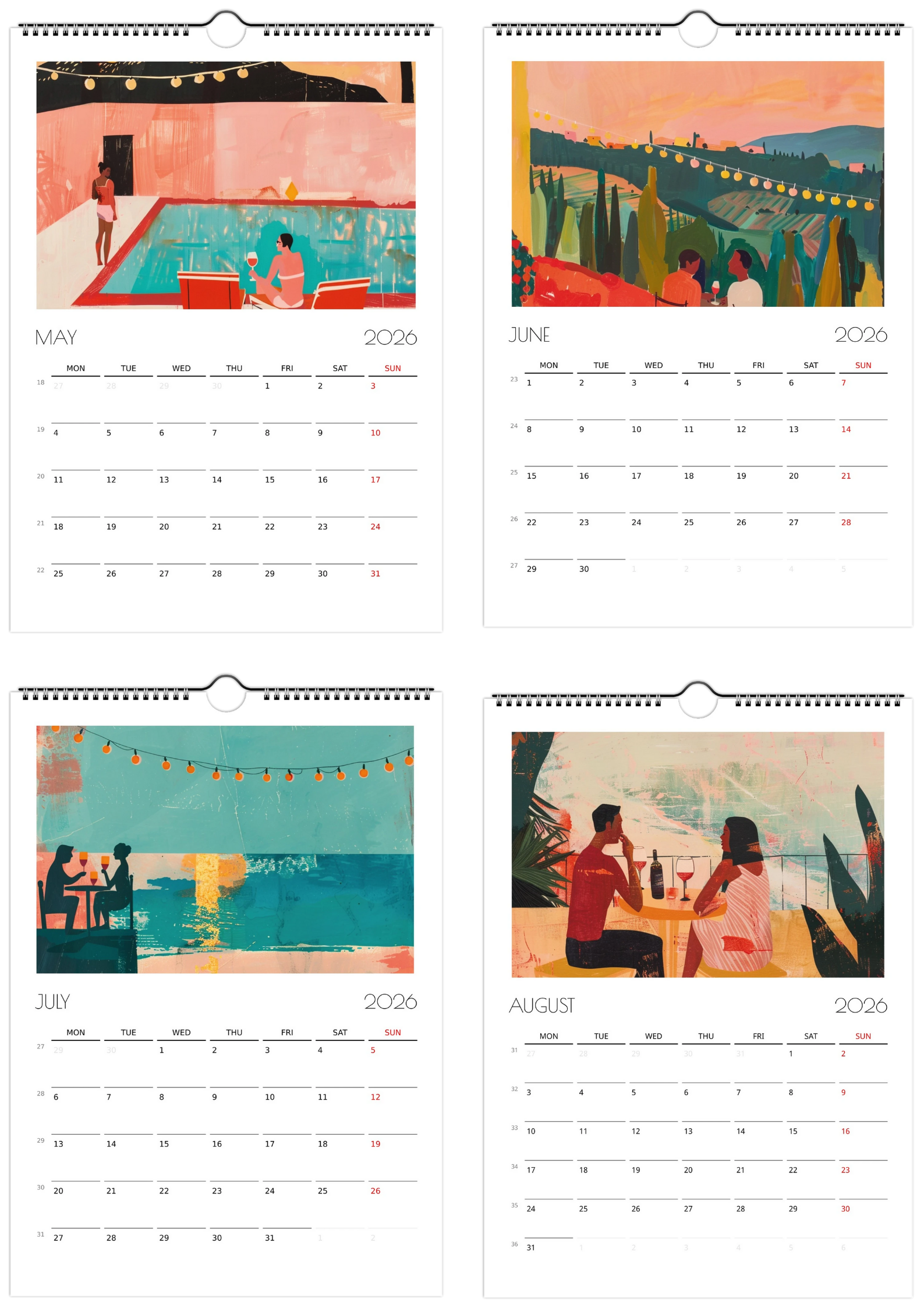 Preview of the Taste Union Wine Lovers’ Calendar 2026 showing May to August illustrations, including a poolside wine scene, vineyard picnic, coastal aperitivo, and Mediterranean balcony date. Art celebrating natural wine, summer, and slow living.