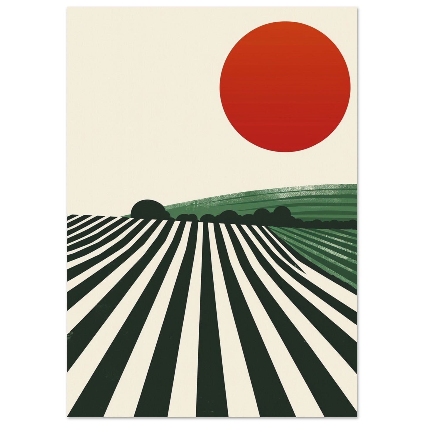 Simplified vineyard landscape with a red sun and black and white striped field on a beige background