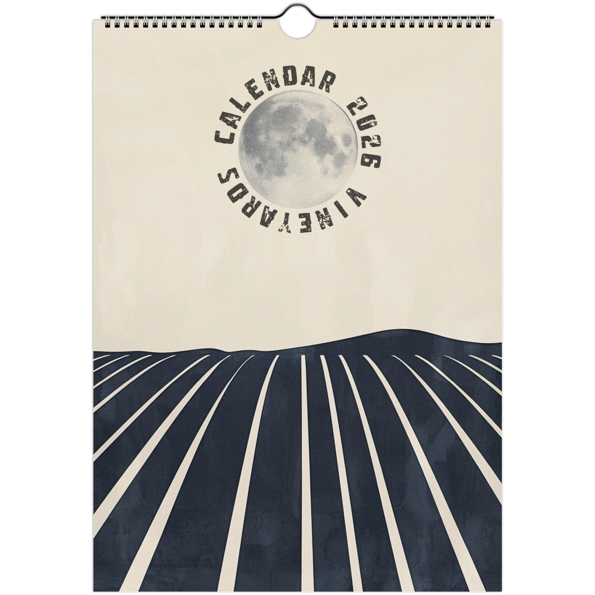 2026 Vineyards Calendar featuring a minimalist Bauhaus-inspired design with a full moon above geometric vineyard lines in navy and cream tones, modern wall calendar for wine and art lovers.