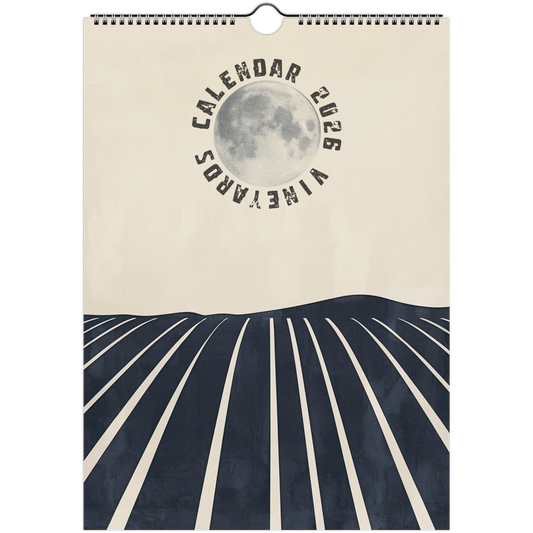 2026 Vineyards Calendar featuring a minimalist Bauhaus-inspired design with a full moon above geometric vineyard lines in navy and cream tones, modern wall calendar for wine and art lovers.