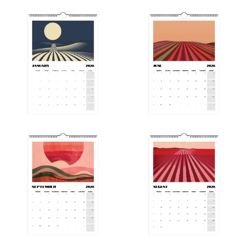 Four pages from the 2026 Vineyards Calendar showing minimalist Bauhaus-inspired vineyard art for January, June, September, and August, each with bold geometric lines and sunset or moonlit scenes.