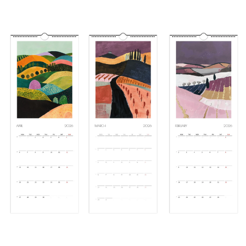 Vineyards Calendar 2026 by Taste Union — modern illustrated wall calendar featuring seasonal vineyard art from February, March, and April. Colourful landscape artwork inspired by wine country through the year.