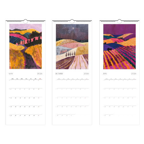 Vineyards Calendar 2026 by Taste Union — illustrated wall calendar featuring May, June, and December vineyard scenes. Colourful seasonal wine country artwork celebrating the changing landscapes through the year.