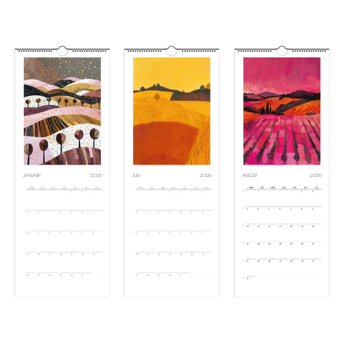 Vineyards Calendar 2026 by Taste Union — illustrated wall calendar showing January, July, and August vineyard scenes. Warm seasonal artwork inspired by wine country landscapes through the year.