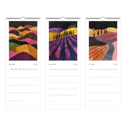 Vineyards Calendar 2026 by Taste Union — illustrated wall calendar featuring September, October, and November vineyard scenes. Autumn-inspired wine country artwork in rich warm tones.