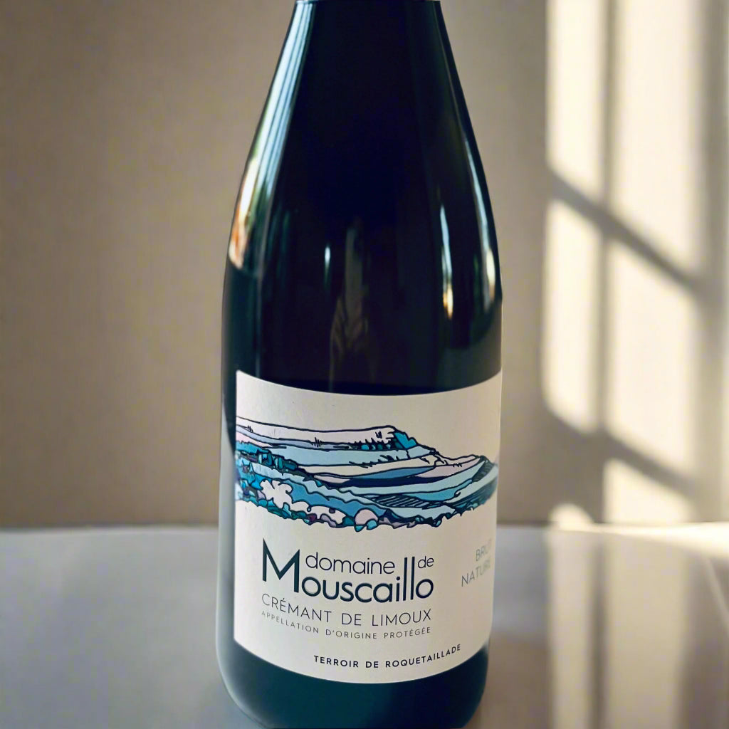 Domaine de Mouscaillo Crémant de Limoux organic sparkling wine bottle, showcasing its elegant label and natural wine quality, perfect for seafood pairings and celebrations.