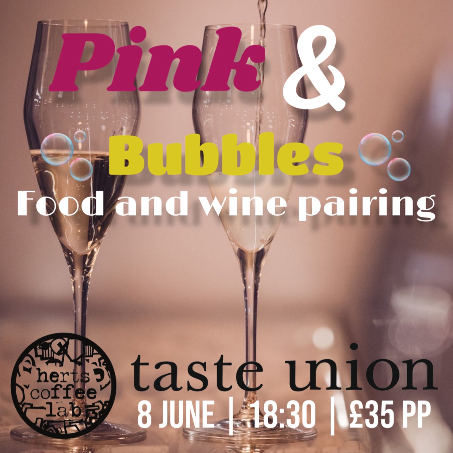 Champagne glasses at Taste Union’s Pink & Bubbles wine tasting at Hertford Coffee Lab – food and wine pairing event in Hertfordshire on 8 June