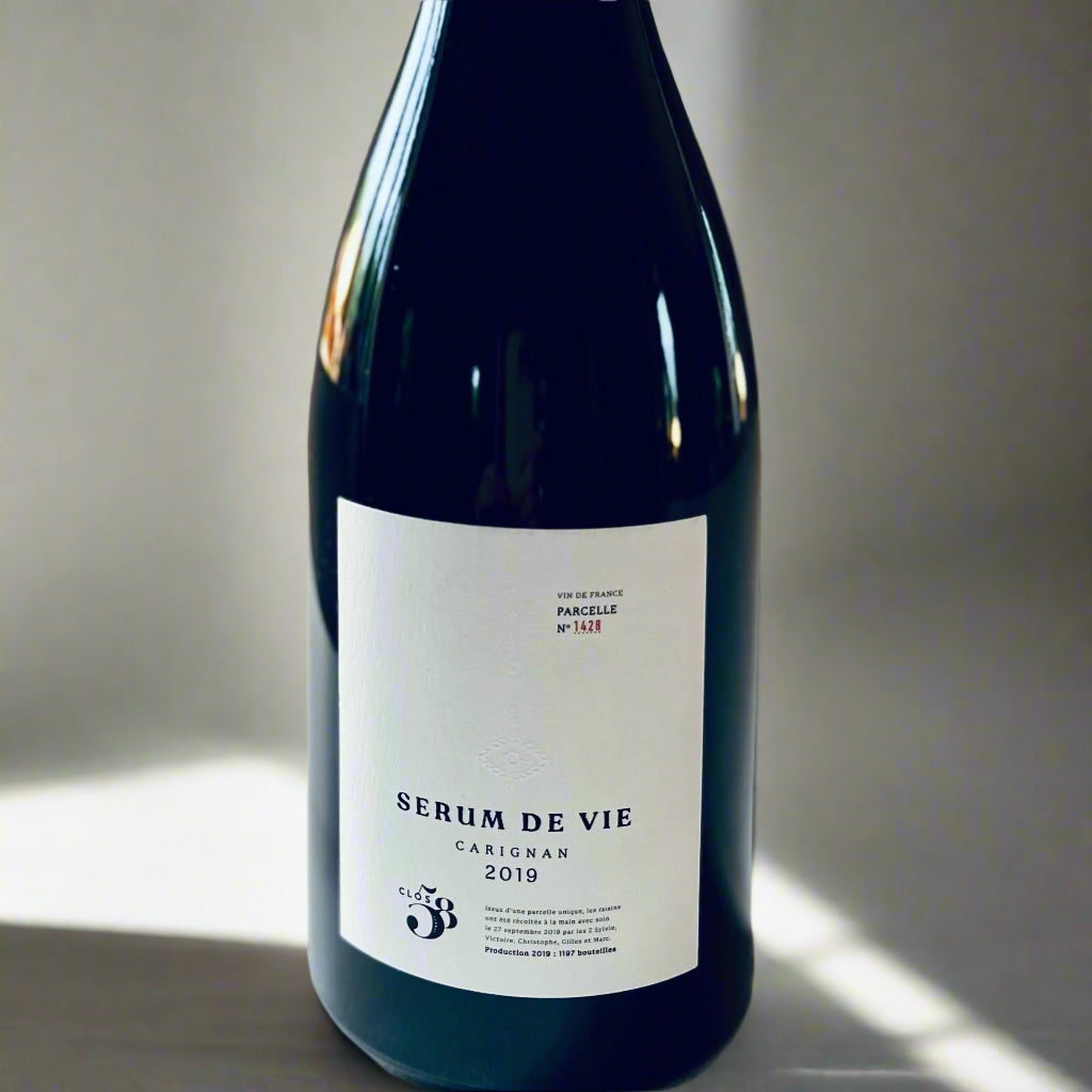 Bottle of Clos 58 Sérum de Vie 2019 Carignan red wine with a clean label design, photographed on a neutral background.