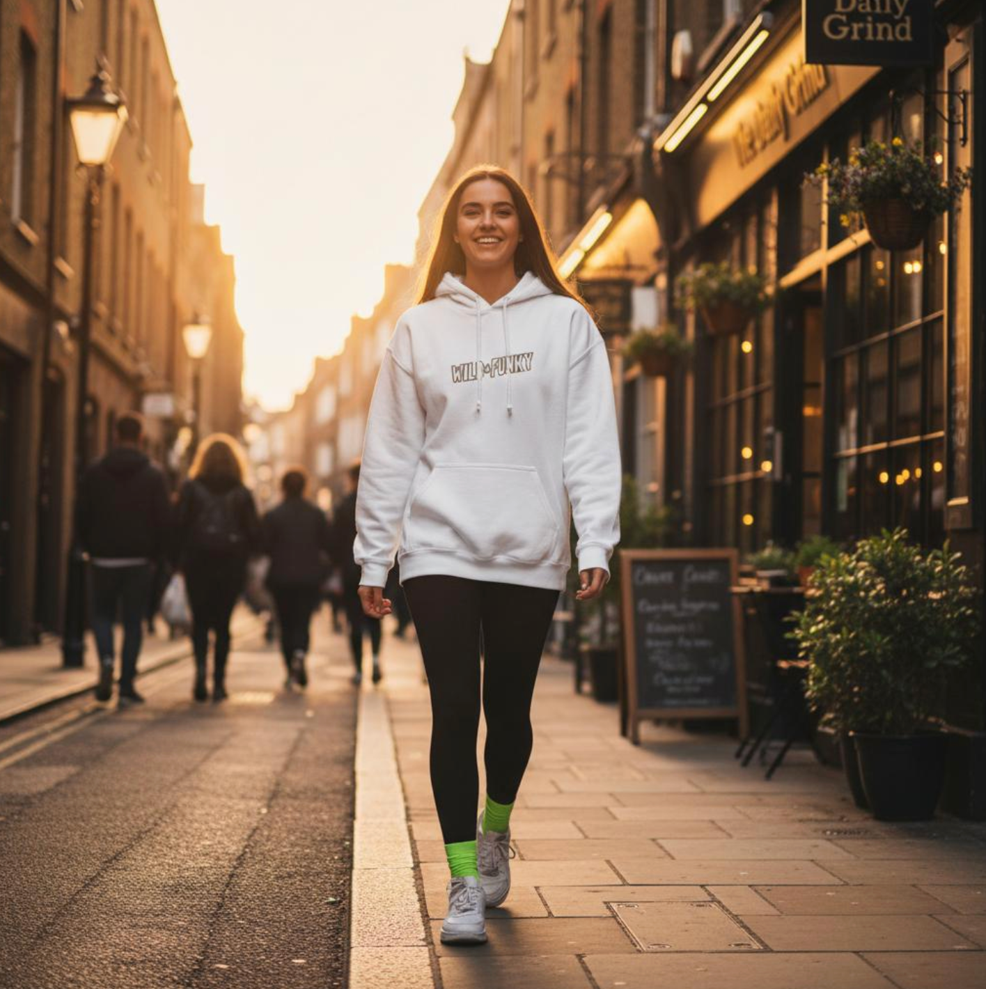 A woman wearing a white oversized hoodie walks down a sunlit London street, smiling as she passes cafés and shops.