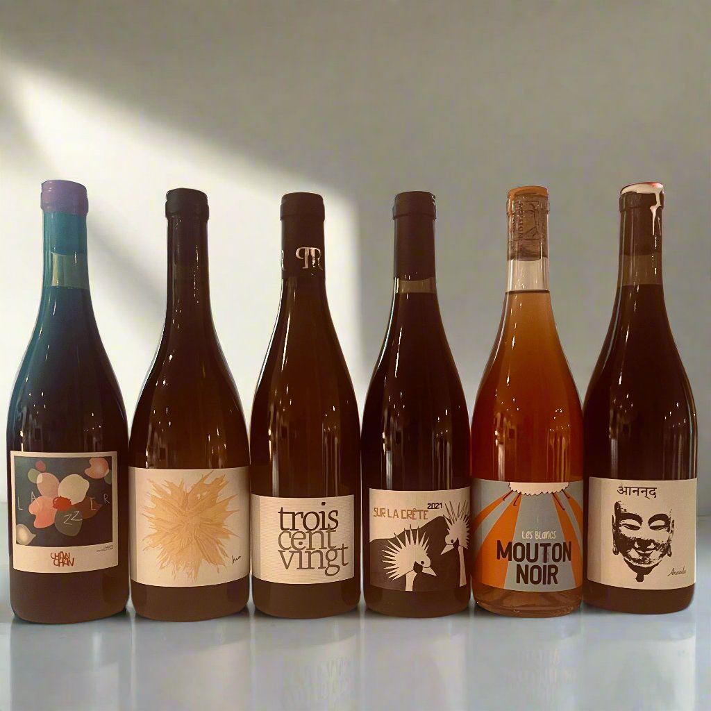 A lineup of six beautifully designed wine bottles, each showcasing unique and artistic labels. The collection features natural, organic, and biodynamic wines, presented on a minimalist background.