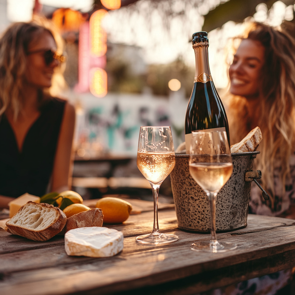 A stylish mother and daughter toast with sparkling rosé at a rustic outdoor wine bar. 