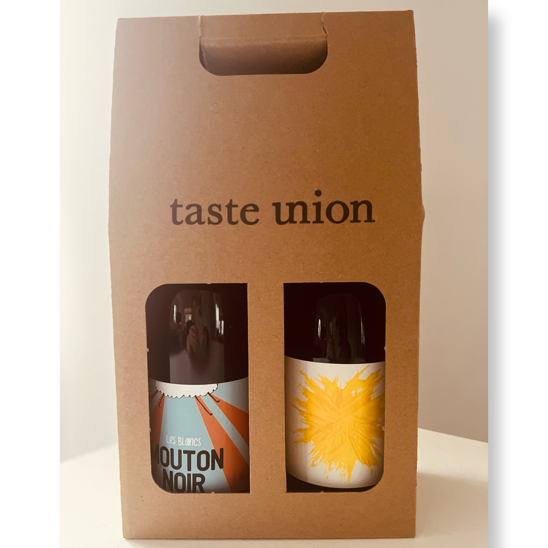 Taste Union 2-bottle orange wine gift box featuring Mouton Noir 'Les Blancs' and Gilles Troullier orange wine, packaged in a stylish cardboard carrier with the 'taste union' logo.