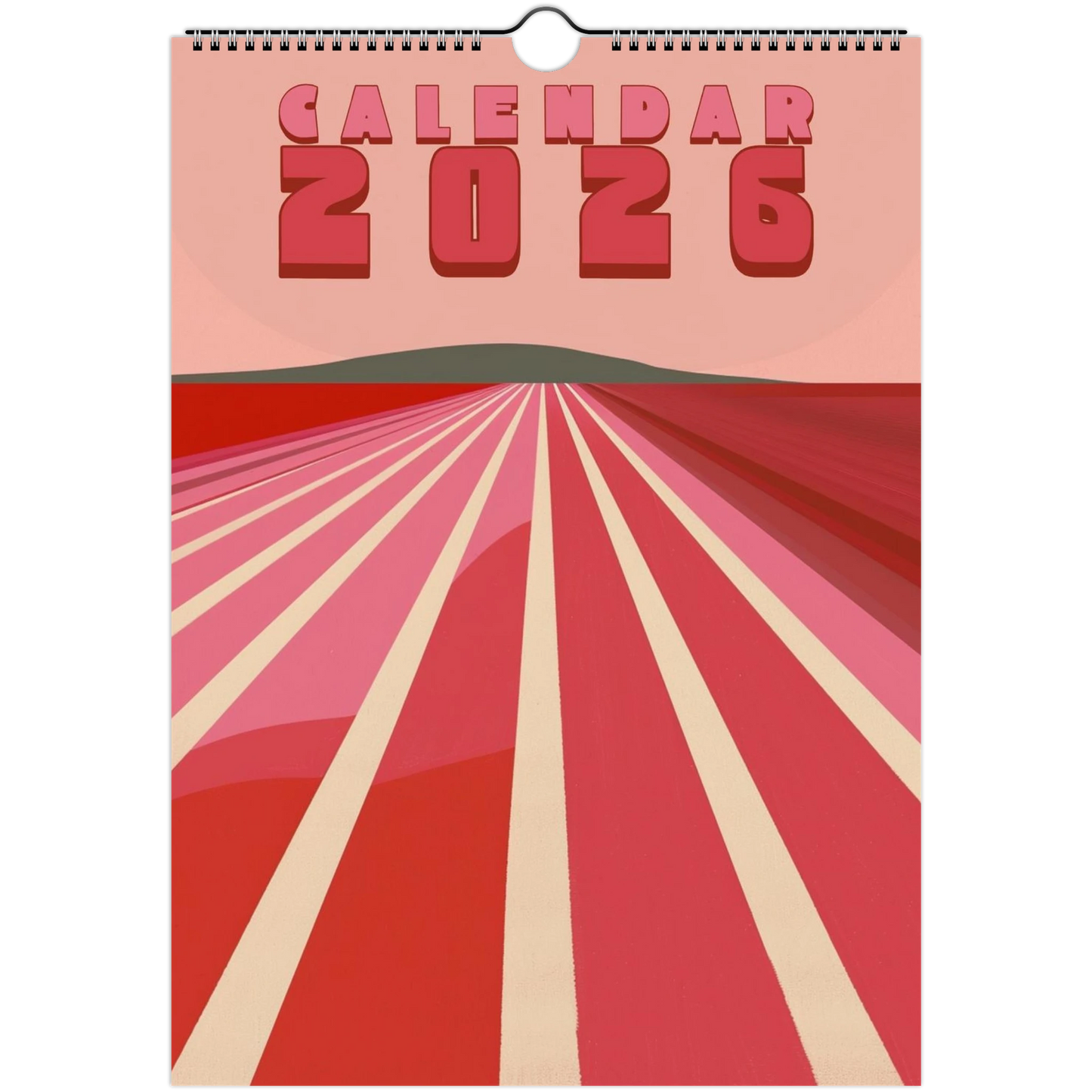 Calendar 2026 with red and pink abstract design on a white background